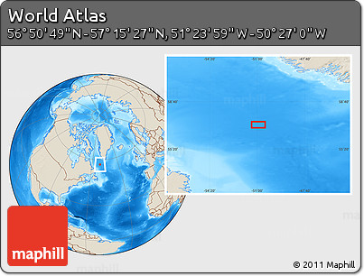 Shaded Relief Location Map of the Area around 57° 3' 8" N, 50° 55' 29" W