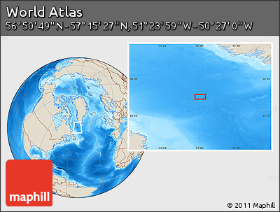 Shaded Relief Location Map of the Area around 57° 3' 8" N, 50° 55' 29" W