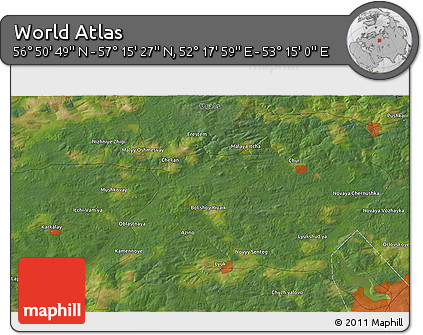 Satellite 3D Map of the Area around 57° 3' 8" N, 52° 46' 29" E