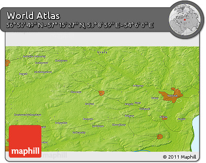 Physical 3D Map of the Area around 57° 3' 8" N, 53° 37' 30" E