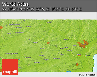 Physical 3D Map of the Area around 57° 3' 8" N, 53° 37' 30" E