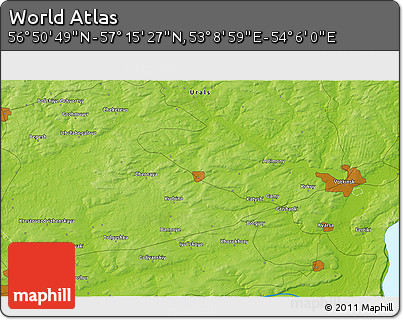 Physical 3D Map of the Area around 57° 3' 8" N, 53° 37' 30" E