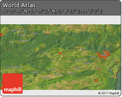 Satellite 3D Map of the Area around 57° 3' 8" N, 53° 37' 30" E