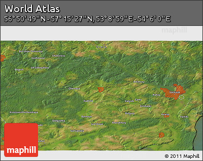 Satellite 3D Map of the Area around 57° 3' 8" N, 53° 37' 30" E