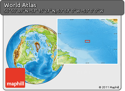 Physical Location Map of the Area around 57° 3' 8" N, 53° 28' 30" W