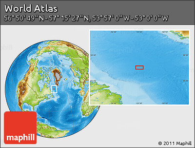 Physical Location Map of the Area around 57° 3' 8" N, 53° 28' 30" W