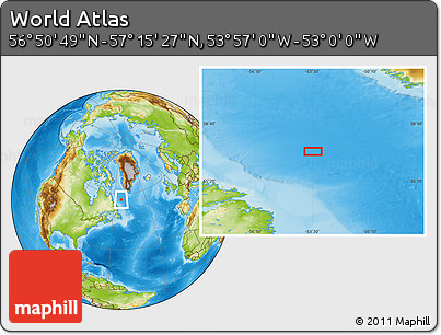 Physical Location Map of the Area around 57° 3' 8" N, 53° 28' 30" W