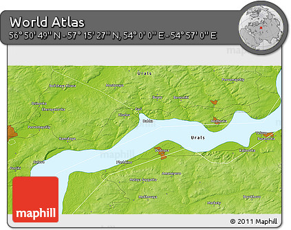 Physical 3D Map of the Area around 57° 3' 8" N, 54° 28' 30" E
