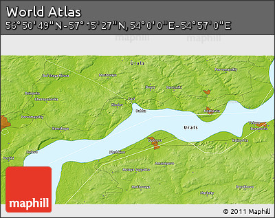 Physical 3D Map of the Area around 57° 3' 8" N, 54° 28' 30" E