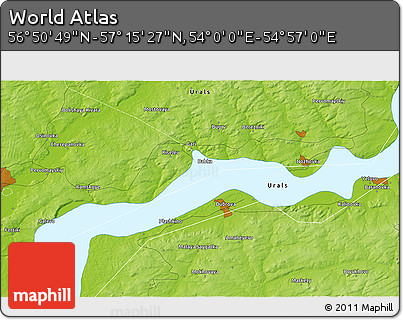 Physical 3D Map of the Area around 57° 3' 8" N, 54° 28' 30" E