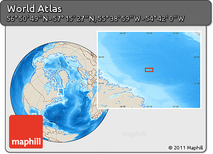 Shaded Relief Location Map of the Area around 57° 3' 8" N, 55° 10' 29" W