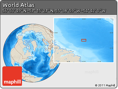 Shaded Relief Location Map of the Area around 57° 3' 8" N, 55° 10' 29" W