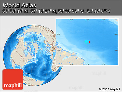 Shaded Relief Location Map of the Area around 57° 3' 8" N, 55° 10' 29" W