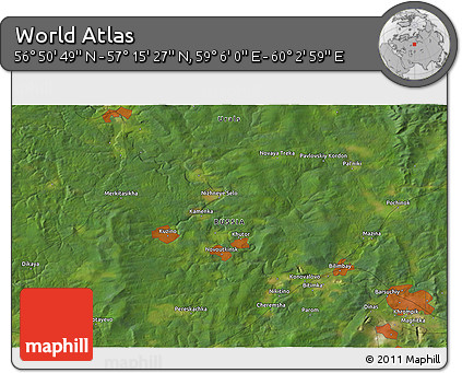 Satellite 3D Map of the Area around 57° 3' 8" N, 59° 34' 30" E