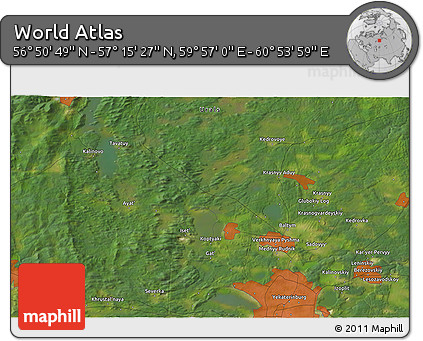 Satellite 3D Map of the Area around 57° 3' 8" N, 60° 25' 29" E