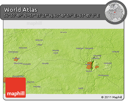 Physical 3D Map of the Area around 57° 3' 8" N, 61° 16' 29" E