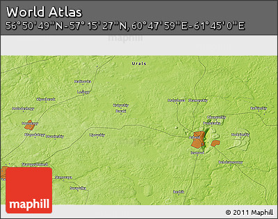 Physical 3D Map of the Area around 57° 3' 8" N, 61° 16' 29" E