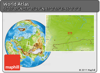 Physical Location Map of the Area around 57° 3' 8" N, 65° 31' 30" E