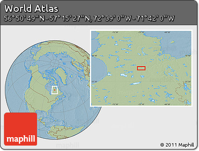 Savanna Style Location Map of the Area around 57° 3' 8" N, 72° 10' 30" W, hill shading