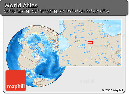 Shaded Relief Location Map of the Area around 57° 3' 8" N, 72° 10' 30" W