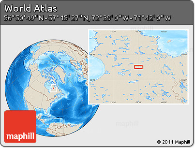 Shaded Relief Location Map of the Area around 57° 3' 8" N, 72° 10' 30" W