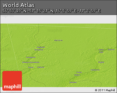 Physical 3D Map of the Area around 57° 3' 8" N, 76° 34' 29" E