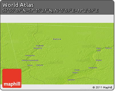 Physical 3D Map of the Area around 57° 3' 8" N, 76° 34' 29" E