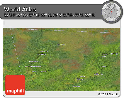 Satellite 3D Map of the Area around 57° 3' 8" N, 76° 34' 29" E