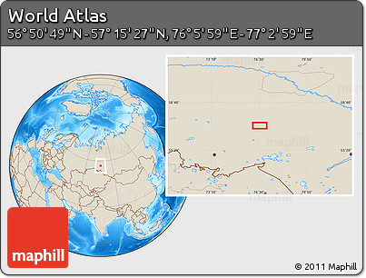 Shaded Relief Location Map of the Area around 57° 3' 8" N, 76° 34' 29" E