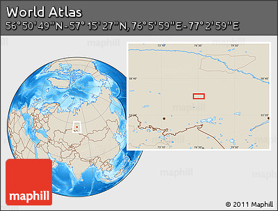 Shaded Relief Location Map of the Area around 57° 3' 8" N, 76° 34' 29" E