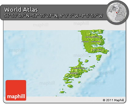 Physical 3D Map of the Area around 57° 3' 8" N, 7° 34' 30" W