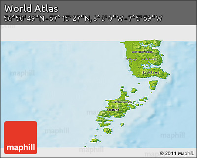 Physical 3D Map of the Area around 57° 3' 8" N, 7° 34' 30" W