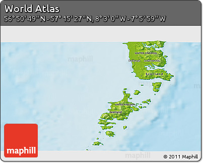 Physical 3D Map of the Area around 57° 3' 8" N, 7° 34' 30" W