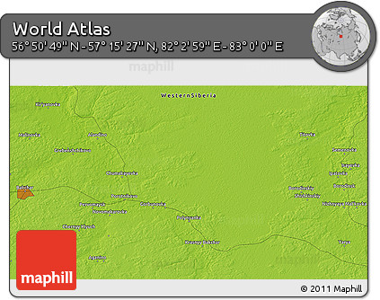 Physical 3D Map of the Area around 57° 3' 8" N, 82° 31' 30" E