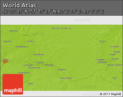 Physical 3D Map of the Area around 57° 3' 8" N, 82° 31' 30" E