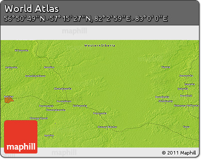 Physical 3D Map of the Area around 57° 3' 8" N, 82° 31' 30" E