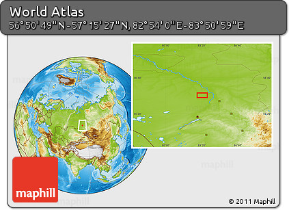 Physical Location Map of the Area around 57° 3' 8" N, 83° 22' 30" E