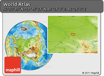 Physical Location Map of the Area around 57° 3' 8" N, 85° 55' 30" E