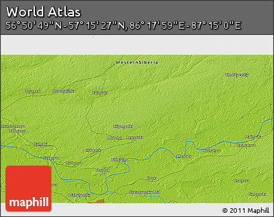 Physical 3D Map of the Area around 57° 3' 8" N, 86° 46' 30" E
