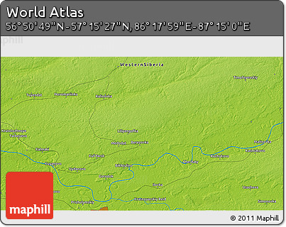 Physical 3D Map of the Area around 57° 3' 8" N, 86° 46' 30" E