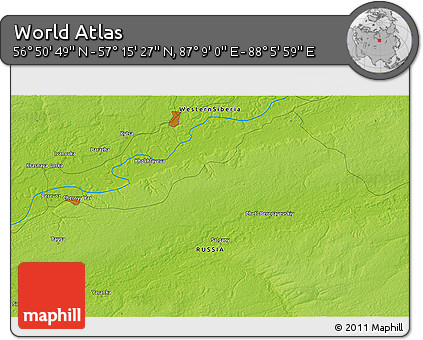 Physical 3D Map of the Area around 57° 3' 8" N, 87° 37' 30" E