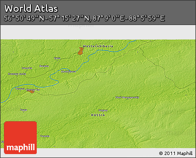 Physical 3D Map of the Area around 57° 3' 8" N, 87° 37' 30" E