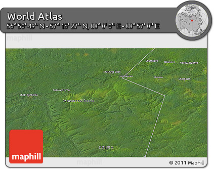 Satellite 3D Map of the Area around 57° 3' 8" N, 88° 28' 29" E