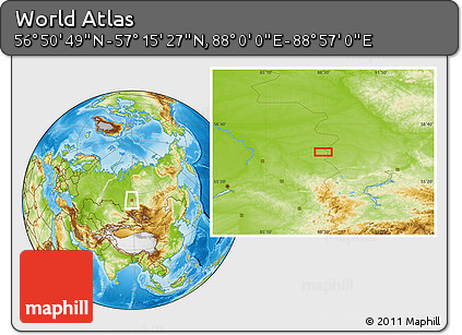 Physical Location Map of the Area around 57° 3' 8" N, 88° 28' 29" E