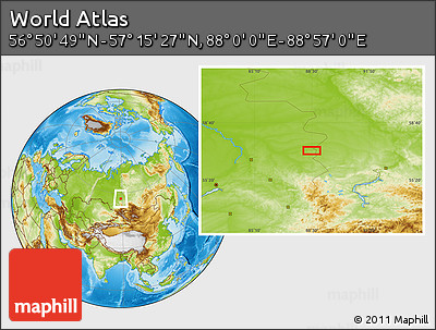 Physical Location Map of the Area around 57° 3' 8" N, 88° 28' 29" E
