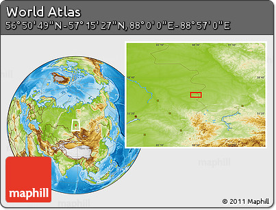 Physical Location Map of the Area around 57° 3' 8" N, 88° 28' 29" E