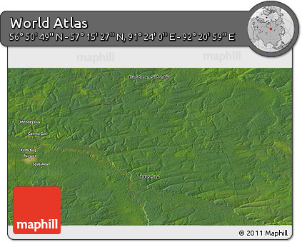 Satellite 3D Map of the Area around 57° 3' 8" N, 91° 52' 30" E
