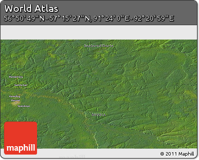 Satellite 3D Map of the Area around 57° 3' 8" N, 91° 52' 30" E