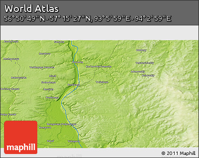 Physical 3D Map of the Area around 57° 3' 8" N, 93° 34' 29" E