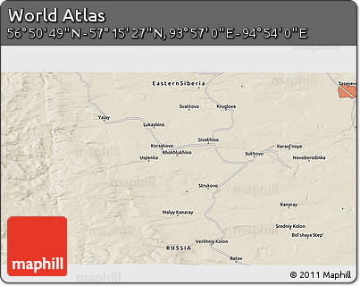 Shaded Relief 3D Map of the Area around 57° 3' 8" N, 94° 25' 30" E